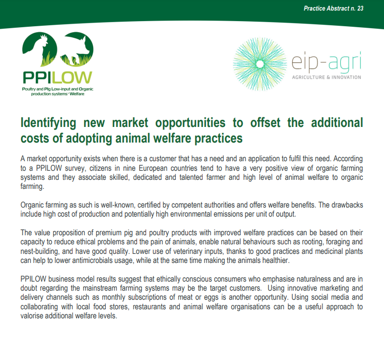 PPILOW project presents its 23st Practice Abstract (PA23):

"Identifying new market opportunities to offset the additional costs of adopting animal welfare practices”. 

Read it here👉 ppilow.eu/wp-content/upl…
