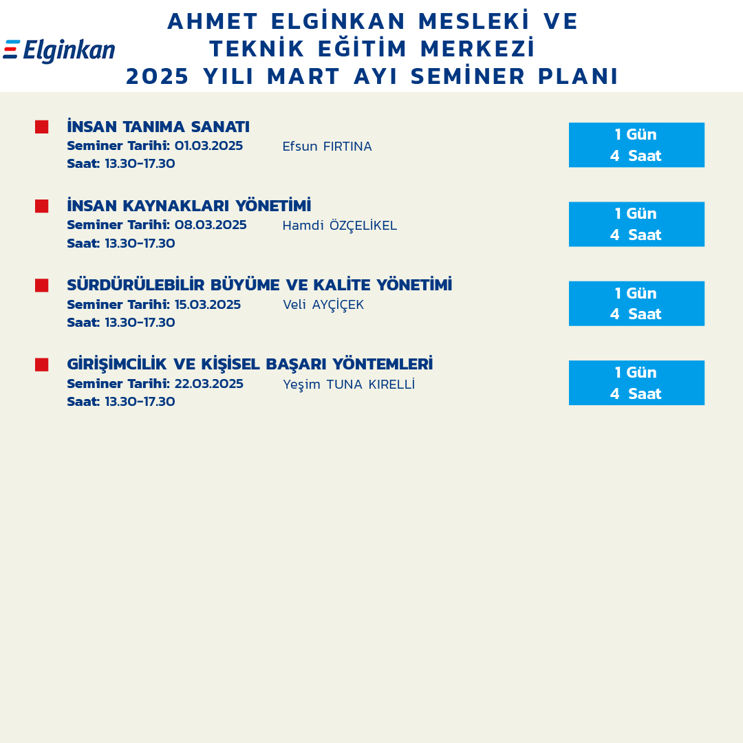 Ahmet Elginkan Mesleki ve Teknik Eğitim Merkezi’nde Mart ayı yüz yüze seminer planı yayınlanmıştır.
Kayıt işlemlerinizi web sitemiz üzerinden gerçekleştirebilirsiniz.
Başvuru: aemtem.org.tr
Sorularınız için bize ulaşabilirsiniz:
aemtem.seminerler@elginkanvakfi.org.tr