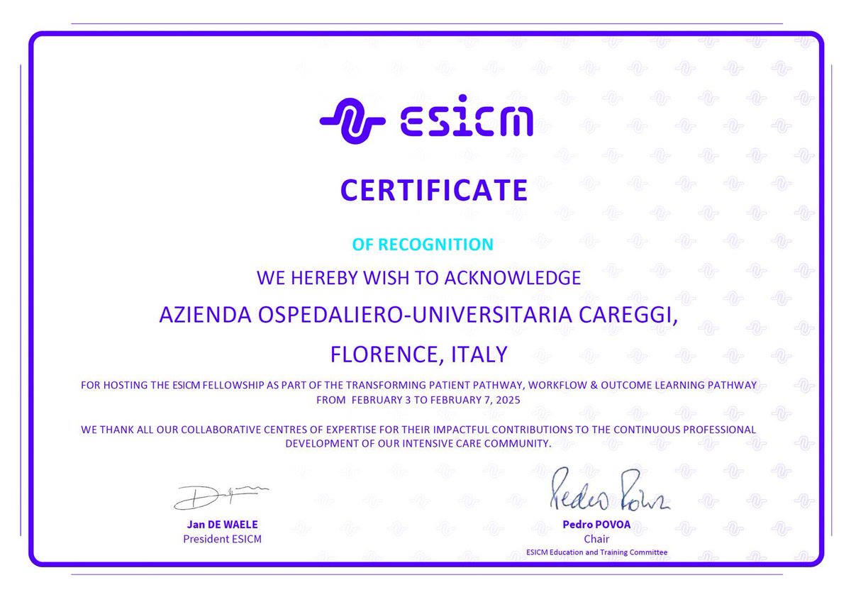 🏨 🌍La Società Europea di Terapia Intensiva (ESICM) ha selezionato L’AOU Careggi e le Università di Valencia (SPA) e di Cambridge (UK) per un importante percorso educazionale di Medicina Perioperatoria: Transforming Patient Pathway. 
 
#Careggi #CareggiNotizie #ESICM #formazione
