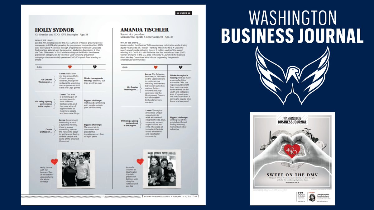 CapitalsPR's tweet photo. Pick up the most recent edition of the @WBJonline, which features @Capitals SVP of marketing Amanda Tischler as one of the publication's 40 Under 40 honorees in recognition of her impact on the organization and region. https://t.co/BCOt7n5OIQ