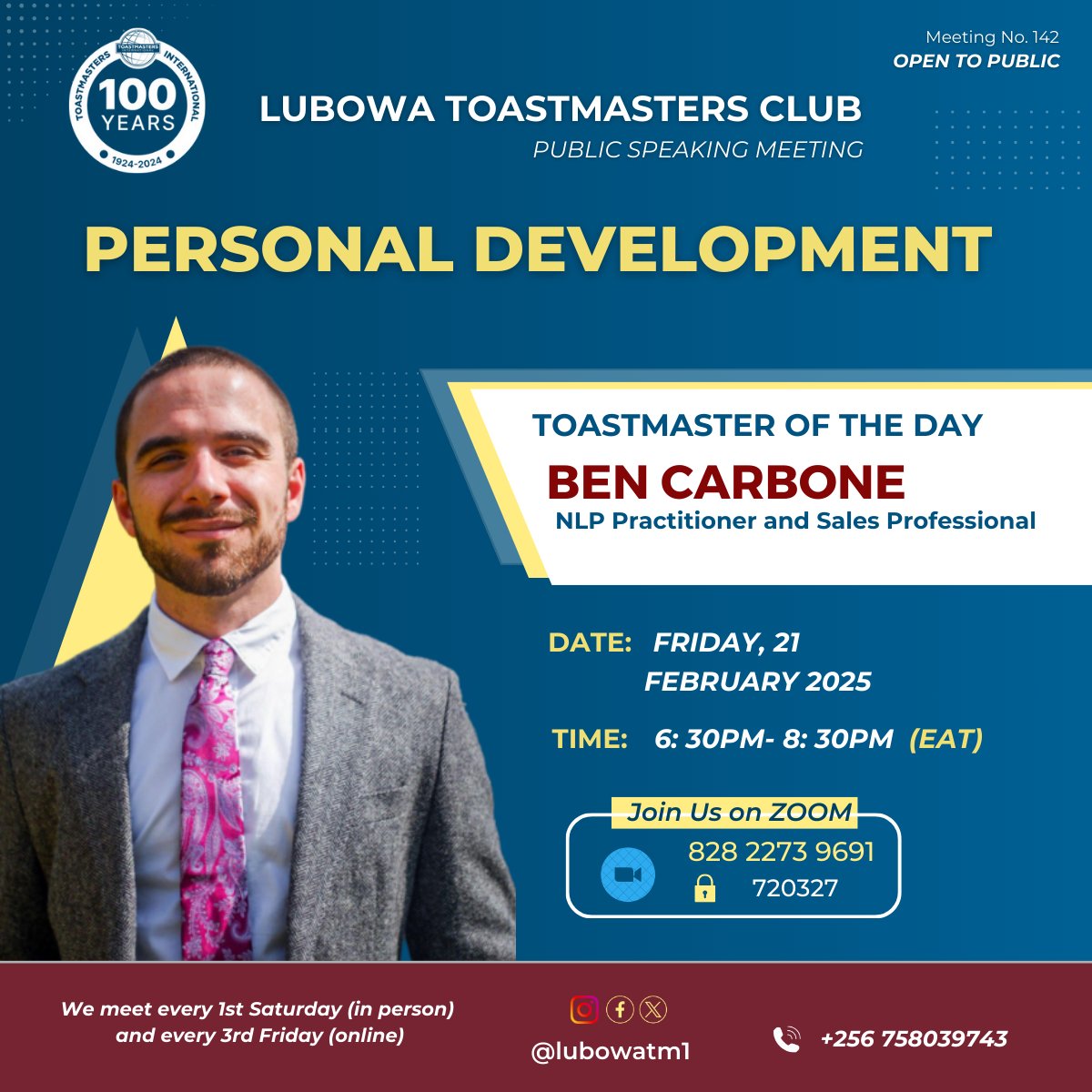 📣 PERSONAL DEVELOPMENT 📣 
 Join Lubowa Toastmasters Club online meeting on📅 February 21, 2025 ⏰at 6:30 PM - 8:30 PM, and discover cutting-edge strategies for self-improvement 🤩👏✨

Join us on Zoom 
bit.ly/3TscamZ

#PersonalDevelopment 
#lubowatoastmastersclub