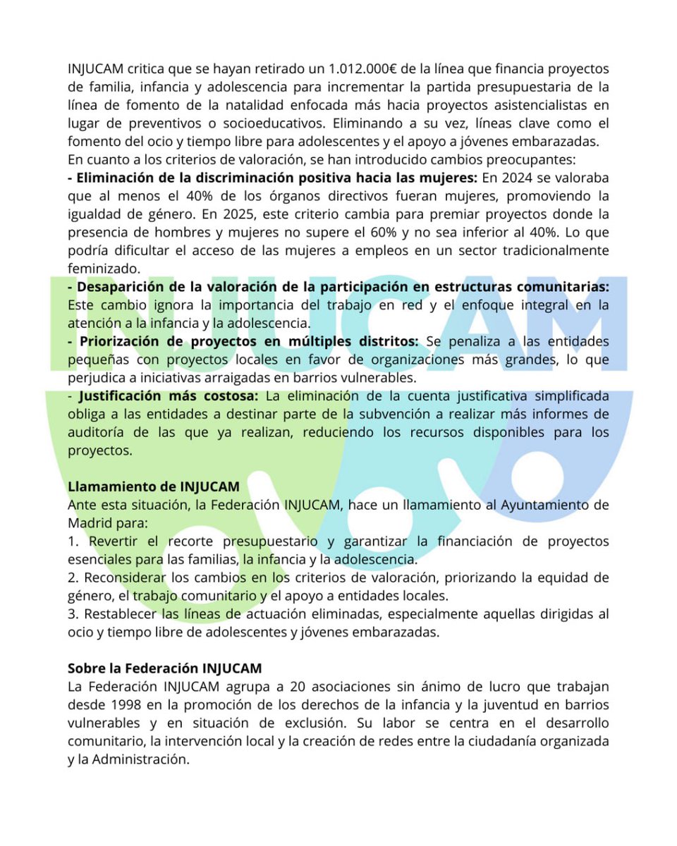 📣 INJUCAM @federacioninjucam denuncia el recorte de 1.012.000€ en Subvenciones para Proyectos de Infancia, Familia y Adolescencia en Madrid por parte de @madrid y @madridpsociales en 2025. 

@eapnmadrid @coordinadoravallecas @educo_ong @fravm_madrid <a href="/platdeinfancia/">Plataforma de Infancia</a> <a href="/unicef_es/">UNICEF España</a>
