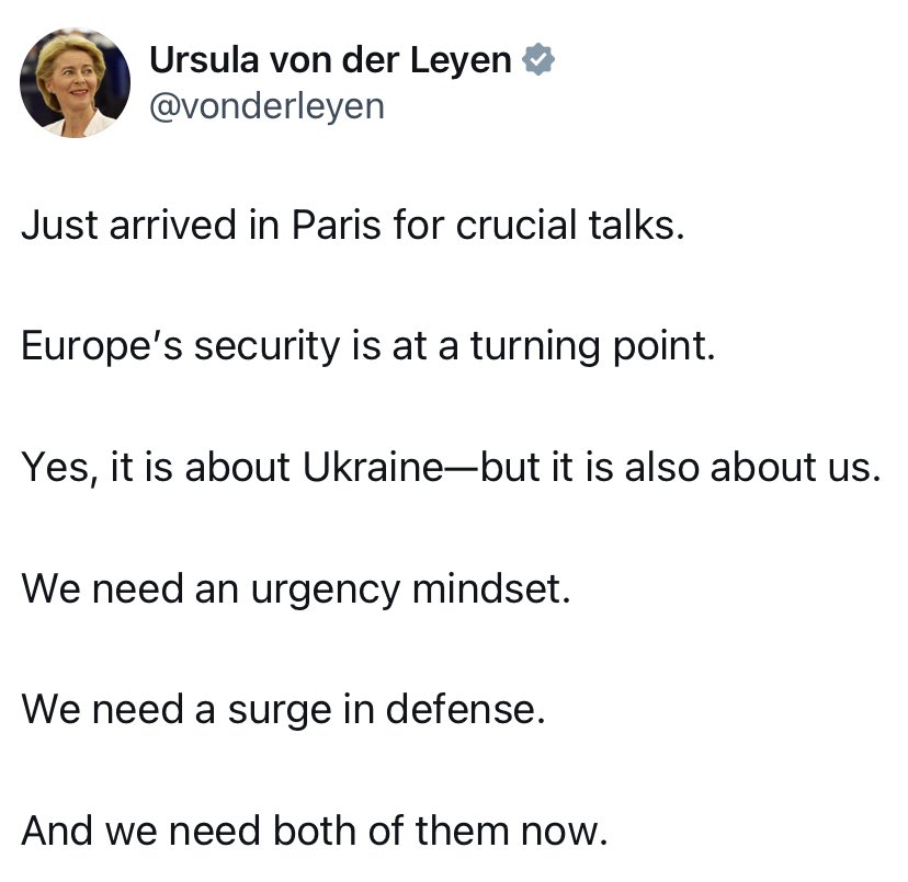 omne_eu's tweet photo. «Arrivate in Paris pro colloquios crucial.

Le securitate de Europa es a puncto de cambiar.

Si, il concerne Ucraina — ma anque nos.

Nos besonia de un mentalitate de urgentia.

Nos besonia de un impulso de defensa.

E nos ha besonio de ambes ora.»
@vonderleyen https://t.co/tsdh0K3kZv