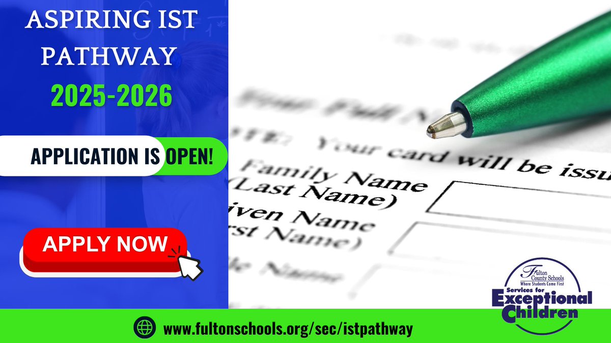 FCS_SEC's tweet photo. The Aspiring IST Pathway application is now open! Apply today and take the next step in your journey! @GillandTris @SherryCP3 @YolandaBW @FultonCoSchools 
Visit https://t.co/K0X9XuM9Ec for more information! https://t.co/0nZt8Fcbkf