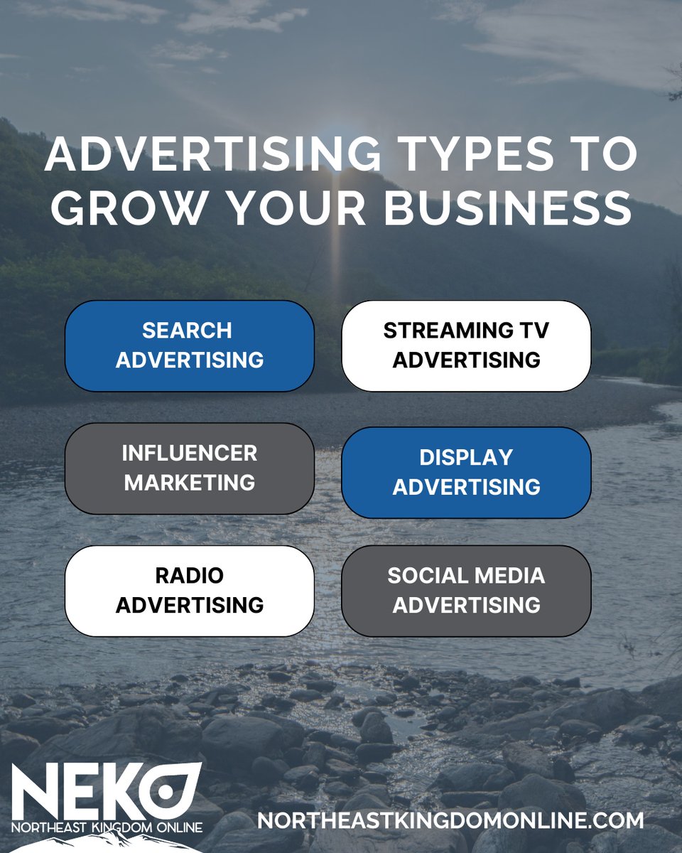 NEKOVermont's tweet image. There are a variety of advertising types ready to bring new business your way! 📈 

Northeast Kingdom Online provides advertising setup and management for all of these advertising types, and more! 

Take the first step towards growing your business here! northeastkingdomonline.com/vermont-displa…