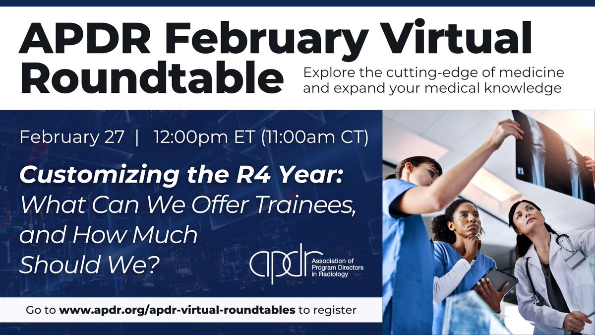 The APDR (@theapdr) on Twitter photo All #RadPDs, #RadAPDs, #RadPCs & other <a href="/theAPDR/">The APDR</a> members! Mark your calendar for our February Virtual Roundtable โ February 27, 12 PM EST on Zoom. 
Sign up at bit.ly/3uFHghM
#AARad #APDR #radiology #RadEd #MedEd #research All #RadPDs, #RadAPDs, #RadPCs & other <a href="/theAPDR/">The APDR</a> members! Mark your calendar for our February Virtual Roundtable โ February 27, 12 PM EST on Zoom. 
Sign up at bit.ly/3uFHghM
#AARad #APDR #radiology #RadEd #MedEd #research