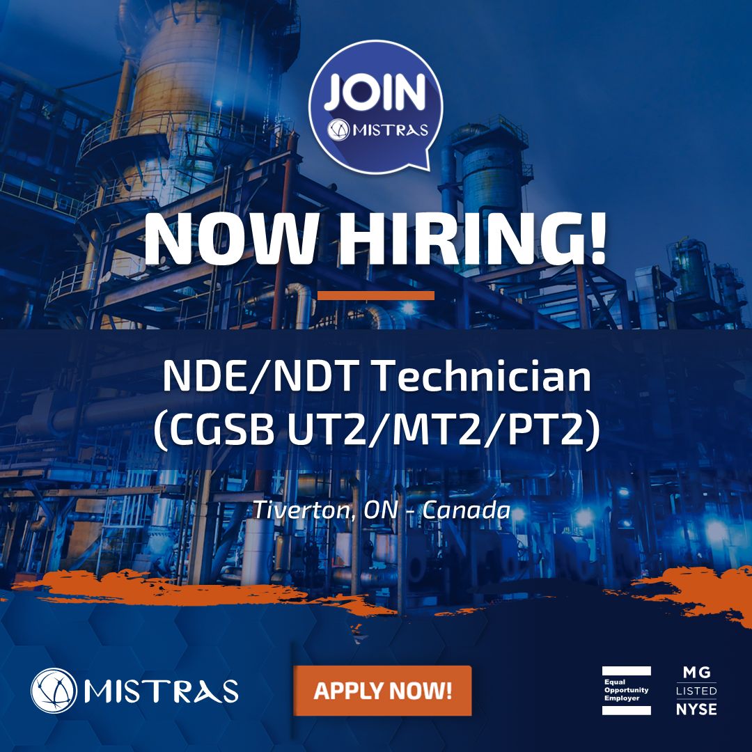 indeedhi.re/4i1VIDD - MISTRAS Group (NYSE:MG) is seeking an NDE/NDT Technician (CGSB UT2/MT2/PT2) based at the Bruce Power site in Tiverton, Ontario, CA, with LOA offered!

#TIC #Testing #Inspection #Certification #Hiring #BrucePower #OntarioJobs #CGSB #Inspection #Nuclear