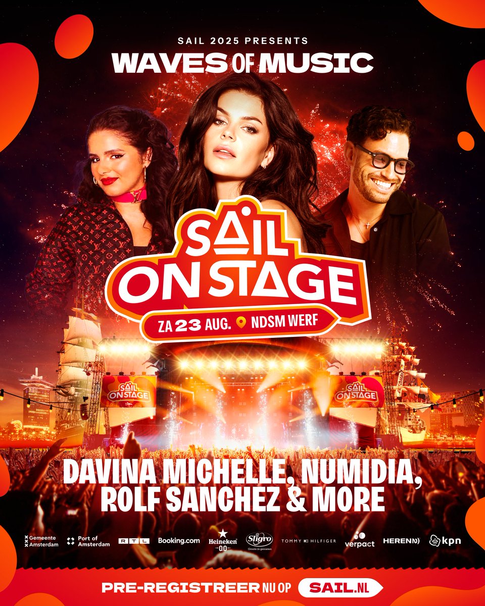 SAIL 2025 presents: Waves of Music met Davina Michelle, Rolf Sanchez, Numidia &amp; more… Verschillende stijlen én talen komen samen tijdens een uniek concert✨Pre-registreer nu &amp; krijg MORGEN om 10.00 uur als eerste toegang tot de voorverkoop: sail.nl/sail-on-stage-…💥#MakeAWave