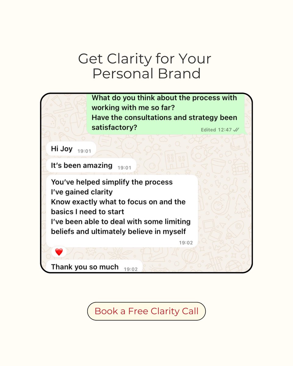 Want to build your personal brand this year or start posting your content for visibility?

Get a free clarity call with me. Link in bio.

Here’s how the call will go: 

linkedin.com/posts/joy-abia…