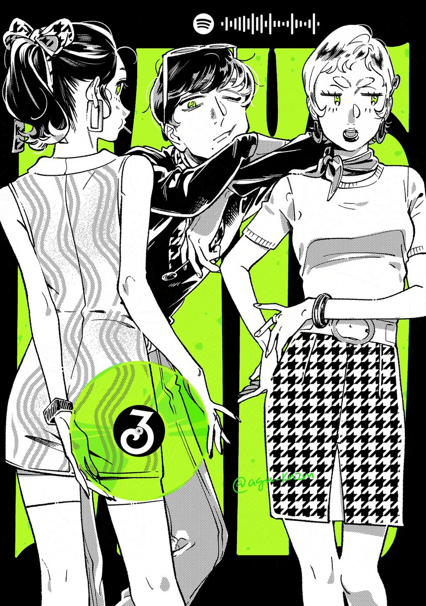 Narrita and the girls, very dapper dressed, holding a transparent green vinyl disk with the number 3, in the background, the stylised word "days" in big green letters. Narrita is leaningoon Chizuru who's wearing a hounds tooth pattern skirt, Mao has a lolly in her mouth