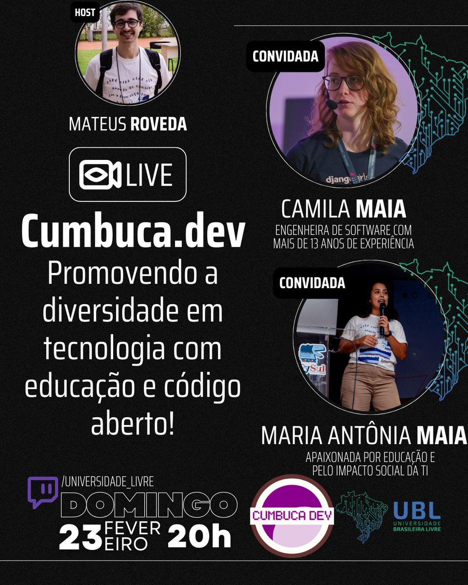 Estamos empolgados em anunciar a nossa próxima live na Twitch da Universidade Brasileira Livre (UBL)!

📅 Data: 23/02
🕒 Horário: 20:00
📺 Onde: lnkd.in/dBw6kBJW

#live #tecnologia #cumbucadev #comunidade