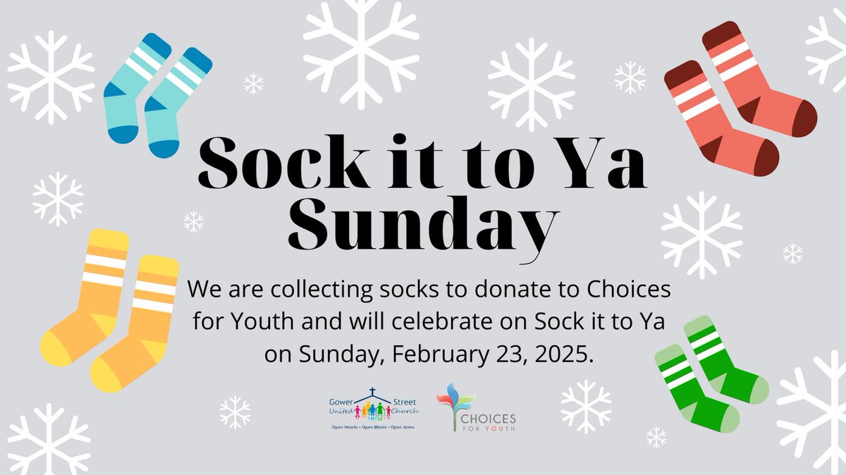 This Sunday is our  sixth annual Sock it to Ya Sunday! 

We are collecting socks to donate to Choices for Youth. 

You can drop socks off at the church during office hours or bring them to worship on Sunday!

#WhatsUpAtGower #UCCan #ucceast