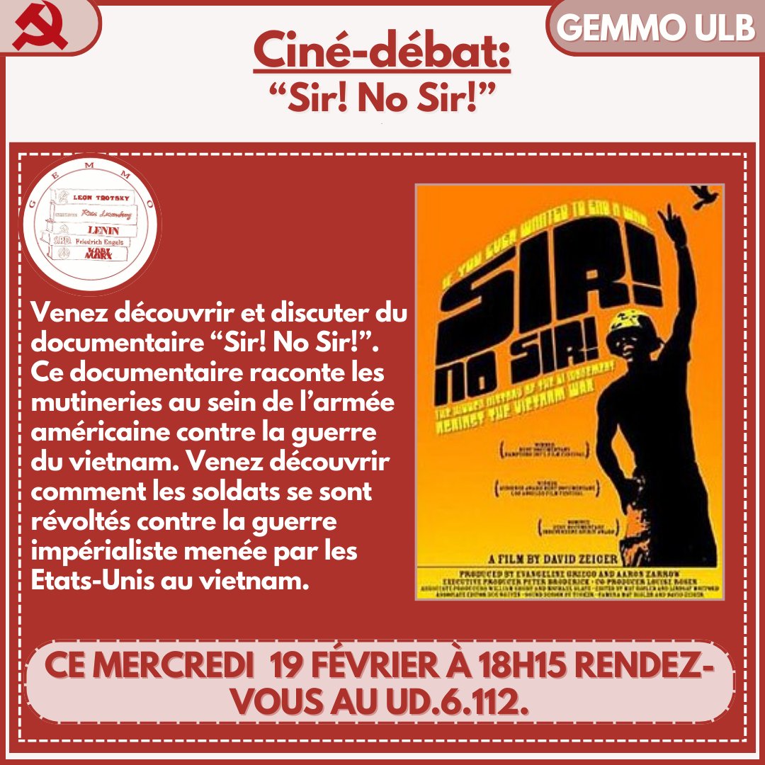Venez découvrir et discuter du documentaire “Sir! No Sir!”. Venez découvrir comment les soldats se sont révoltés contre la guerre impérialiste menée par les Etats-Unis au Vietnam. La projection commence à 18h15 au UD6.112 ce mercredi 19 février.