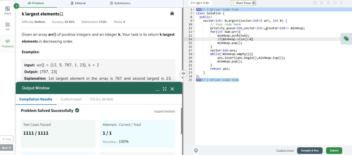 Nisha0828's tweet photo. Day 79/160 of @geeksforgeeks
#POTDwithGFG  
GFG 160 Daily DSA problems   
Problem solved: K largest elements
#gfg160 #geekstreak2024 
#CodeEveryDay 
#ProblemSolving 
#DSA https://t.co/cmjKzWUQ51