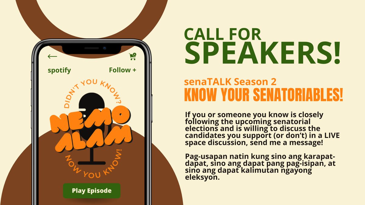 📢 CALL FOR SPEAKERS!!

For a new season of SenaTALK: Know Your Senatoriable: if you, or someone you know, is interested to become a speaker for our LIVE space discussions, don't hesitate to send a DM.

Advocate for your bets dahil sa senadong tapat, aangat tayong lahat!