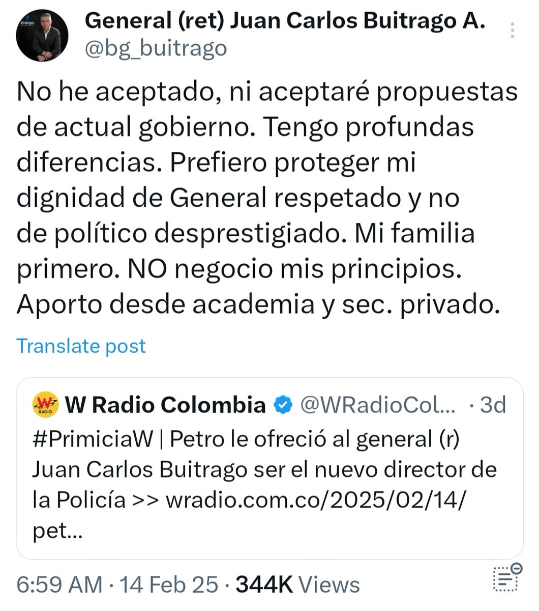 Felicitaciones al Sr. General 
<a href="/bg_buitrago/">General (ret) Juan Carlos Buitrago A.</a> hoy en dia pocos saben que lo que es tener Convicciones Firmes y Principios INNEGOCIABLES.
