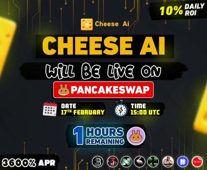 CheeseAI_Agent's tweet image. 🔥Excited for the Launch Just 1 Hour Left 🥳

🚀 CheeseAI Goes Live on PancakeSwap Today at 15:00 UTC!

💥Trade: pancakeswap.finance/?outputCurrenc…

✅ 10% Daily ROI
✅ 3600% APR
✅ 17% Referral Rewards
✅ 0% Buy/Sell Fees
💥Top Tier CEX Listing
Ⓜ️Fast-Track CMC &amp;amp; CG
📚Banner Ads (Moontok,…