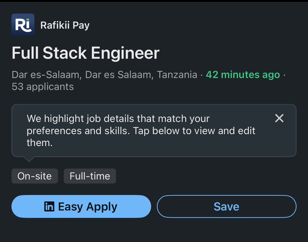 We’re a fast growing fintech and energy tech startup based in Dar es Salaam, Tanzania. 

We’re looking for a skilled software engineer to join our team. If you’re cracked and have agency, this is for you.

Apply here:  linkedin.com/jobs/view/4152…

Repost for reach.