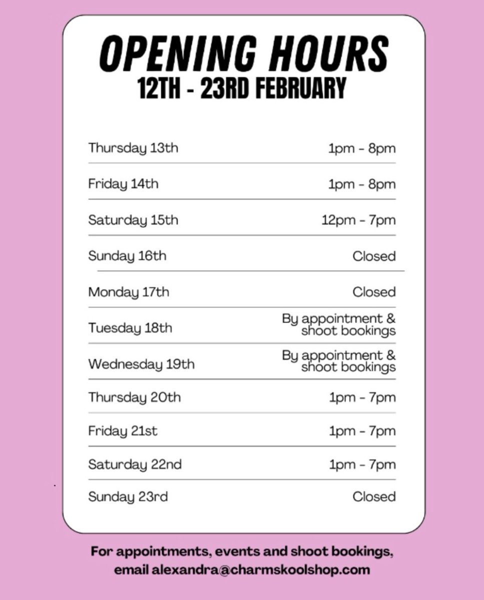 Want to visit us in person?

💗Thursday-Saturday 1-7- fixed store opening hours 

💗Tuesday &amp; Wednesday we are available for content creation, shoot bookings and hire for things like classes 

💗 We also offer private shopping (for couples and D/s) personal shopping (We’ll style