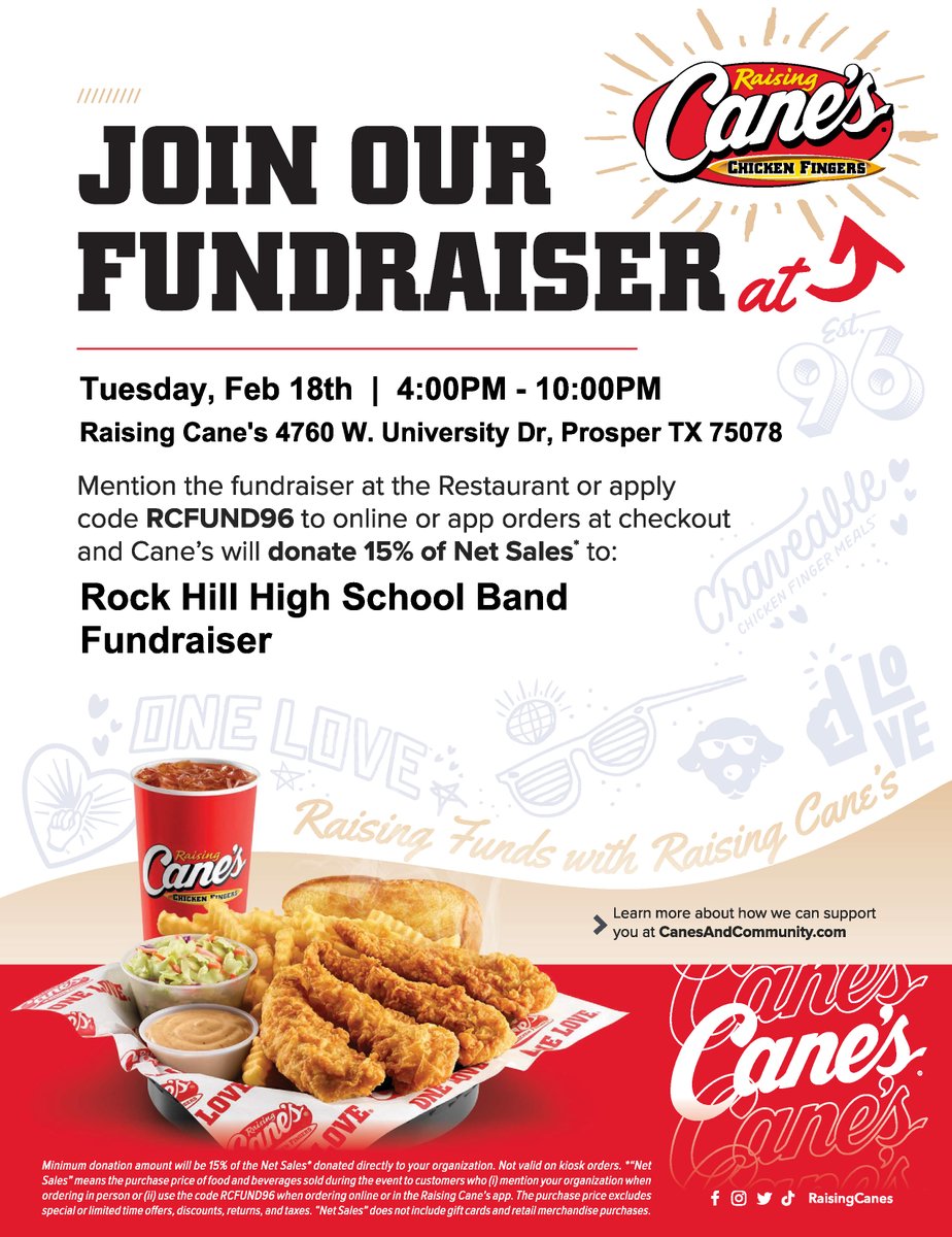 Rock Hill Band (@therockhillband) on Twitter photo Forgot to meal plan? No worries! 🍗 <a href="/raisingcanes/">Raising Cane's</a> has a Spirit Night just for us tomorrow, February 18th —come out and support! 🙌 #EasyDinner #SpiritNight Forgot to meal plan? No worries! 🍗 <a href="/raisingcanes/">Raising Cane's</a> has a Spirit Night just for us tomorrow, February 18th —come out and support! 🙌 #EasyDinner #SpiritNight