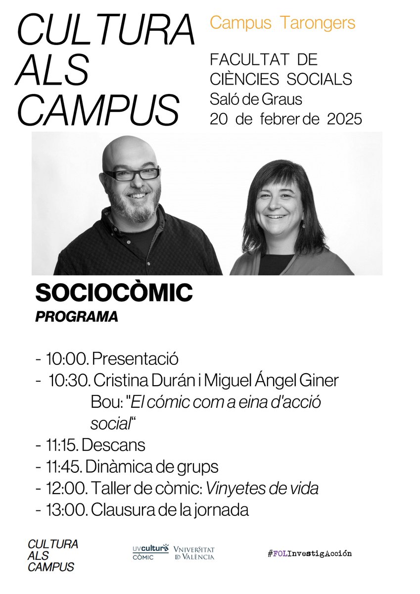 📢 Sociocòmic 2025: El còmic com a eina d'acció social

🗣️ Amb Cristina Durán i Miguel Ángel Giner Bou
🗓️ 20 de febrer, 10.00h - 13.30h
📍 Sala de Graus
ℹ️ t.ly/H04B8