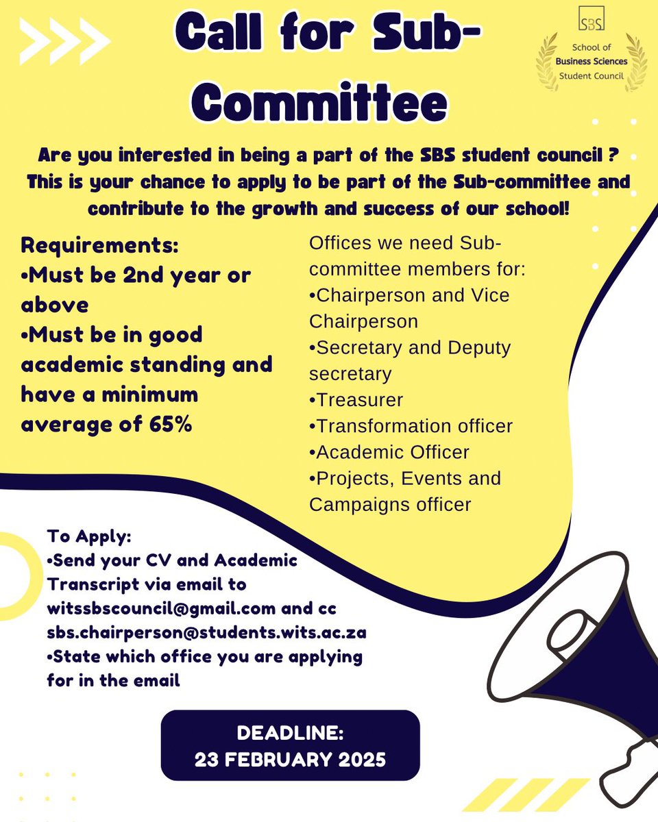 Hello SBS!🫶🏼
We’re looking for enthusiastic students that are willing to help us by being a part of the SBS Student council Sub-committee! 
Please apply before the deadline if you’re interested.