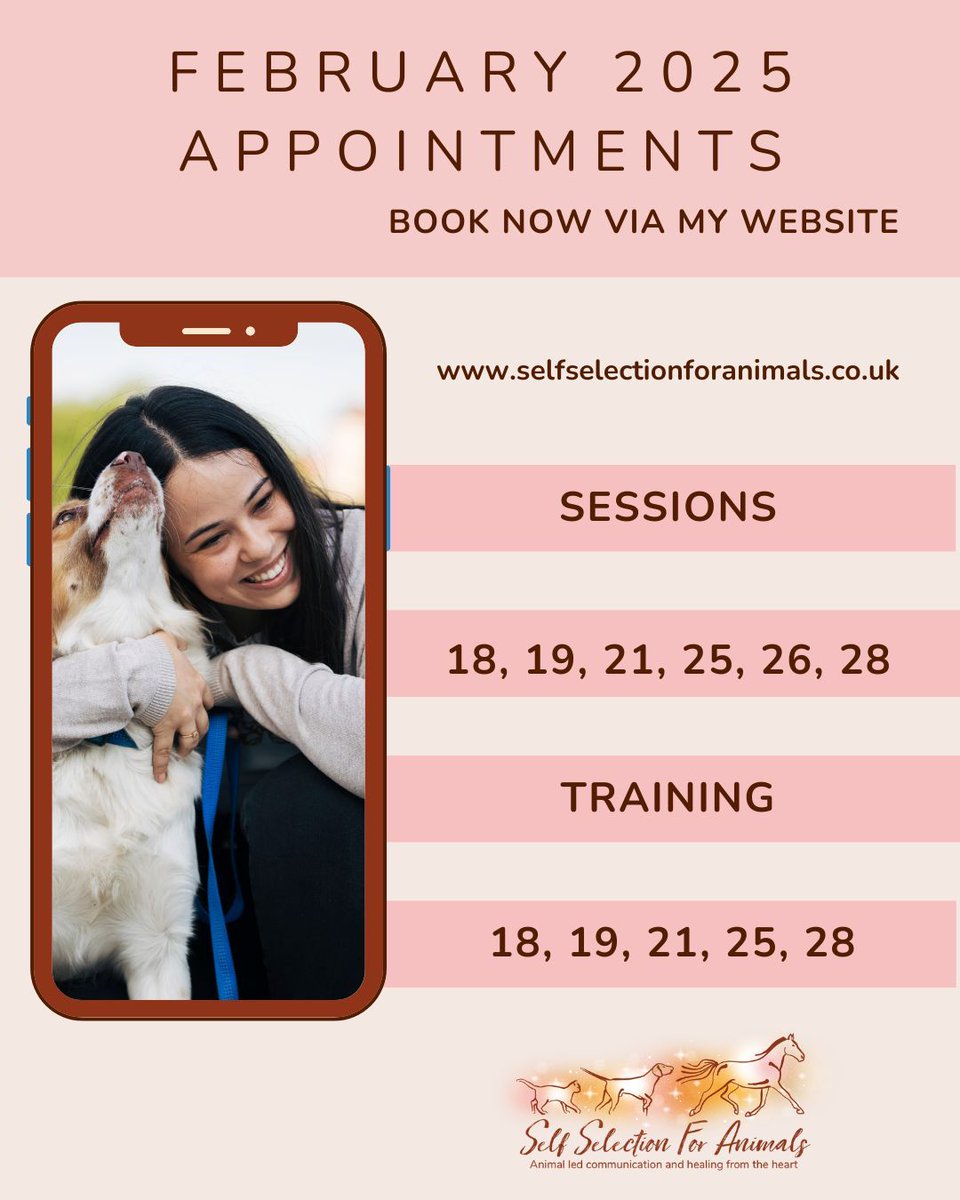 SelfSelection's tweet photo. There are still slots available this month for #DistanceSessions.
The following appointments are open in Feb:
#AnimalCommunication, #Healing, or Mentoring Sessions:
18, 19, 21, 25, 26, 28
1:1 Animal Communication Training:
18, 19, 21, 25, 28
https://t.co/o54QCrXbKU 
#animalhealer https://t.co/LR4tGGAKnw