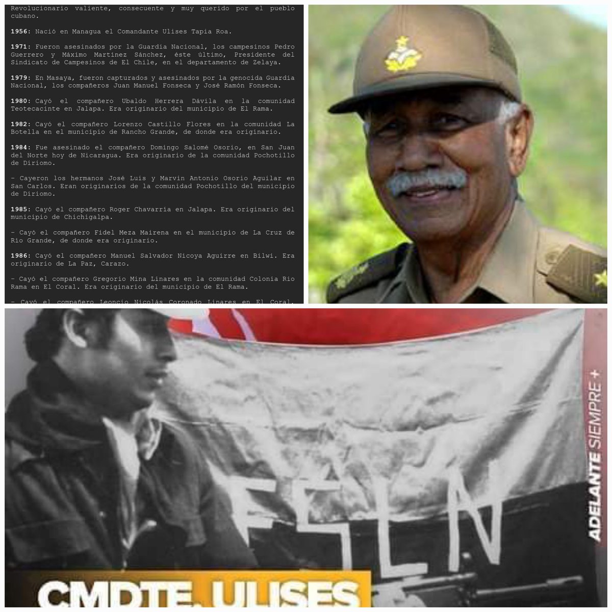 💥Efemérides 
17 Febrero 1927
En Cuba nació el Comandante de la Revolución Juan Almeida Bosque. Revolucionario valiente, consecuente y muy querido por el pueblo cubano.

 1956: Nació en Managua el Comandante Ulises Tapia Roa.

Recuerdo eterno a nuestros caídos
#UnidosEnVictorias