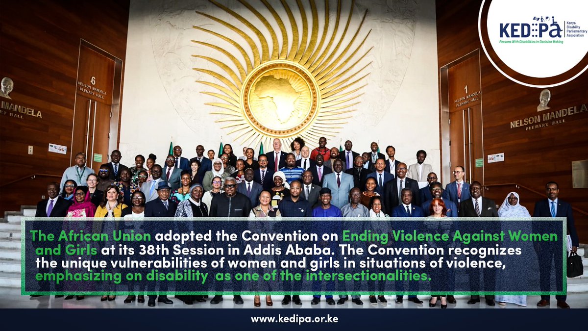 KENYA DISABILITY PARLIAMENTARY ASSOCIATION(KEDIPA) (@kkedipa) on Twitter photo The first-ever comprehensive continental document to address violence against women and girls in Africa. The  African Union Convention on Ending Violence Against Women &  Girls was recently adopted by the 38th Ordinary Session of the Assembly of Heads of State of  African Union. The first-ever comprehensive continental document to address violence against women and girls in Africa. The  African Union Convention on Ending Violence Against Women &  Girls was recently adopted by the 38th Ordinary Session of the Assembly of Heads of State of  African Union.