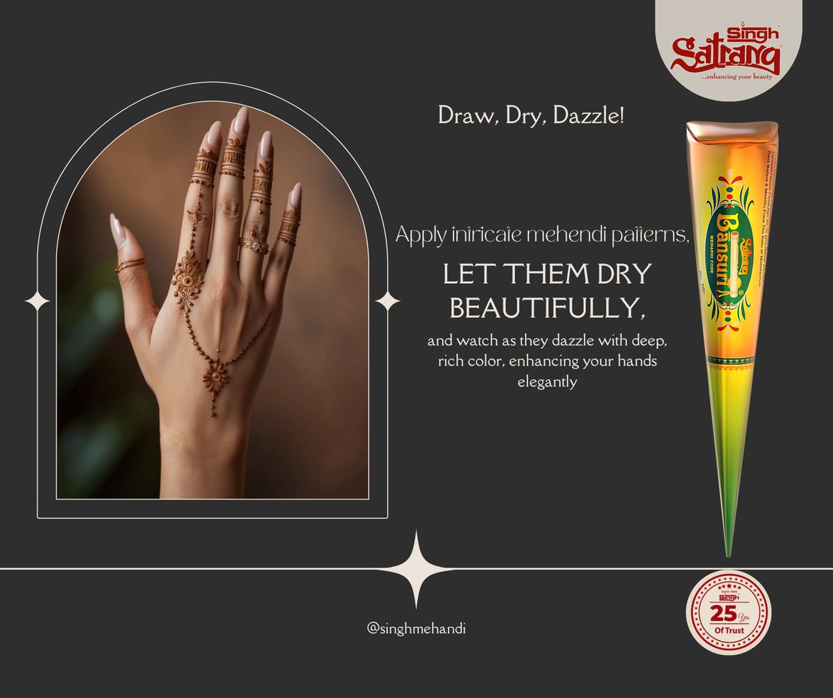 SatrangMehandi's tweet photo. Draw, Dry, Dazzle
#singhsatrangmehandi #bestmehandicone #singh #singhbansuri #singhmehandi #satrang #Singhdecorative #purehenna #enhancingbeauty #henna #mehandi #stunningmehandidesign #brandedmehandicone #safestmehandicone #uniquemehandidesign #classymehandidesign #artist #art https://t.co/qPs3EShHB9