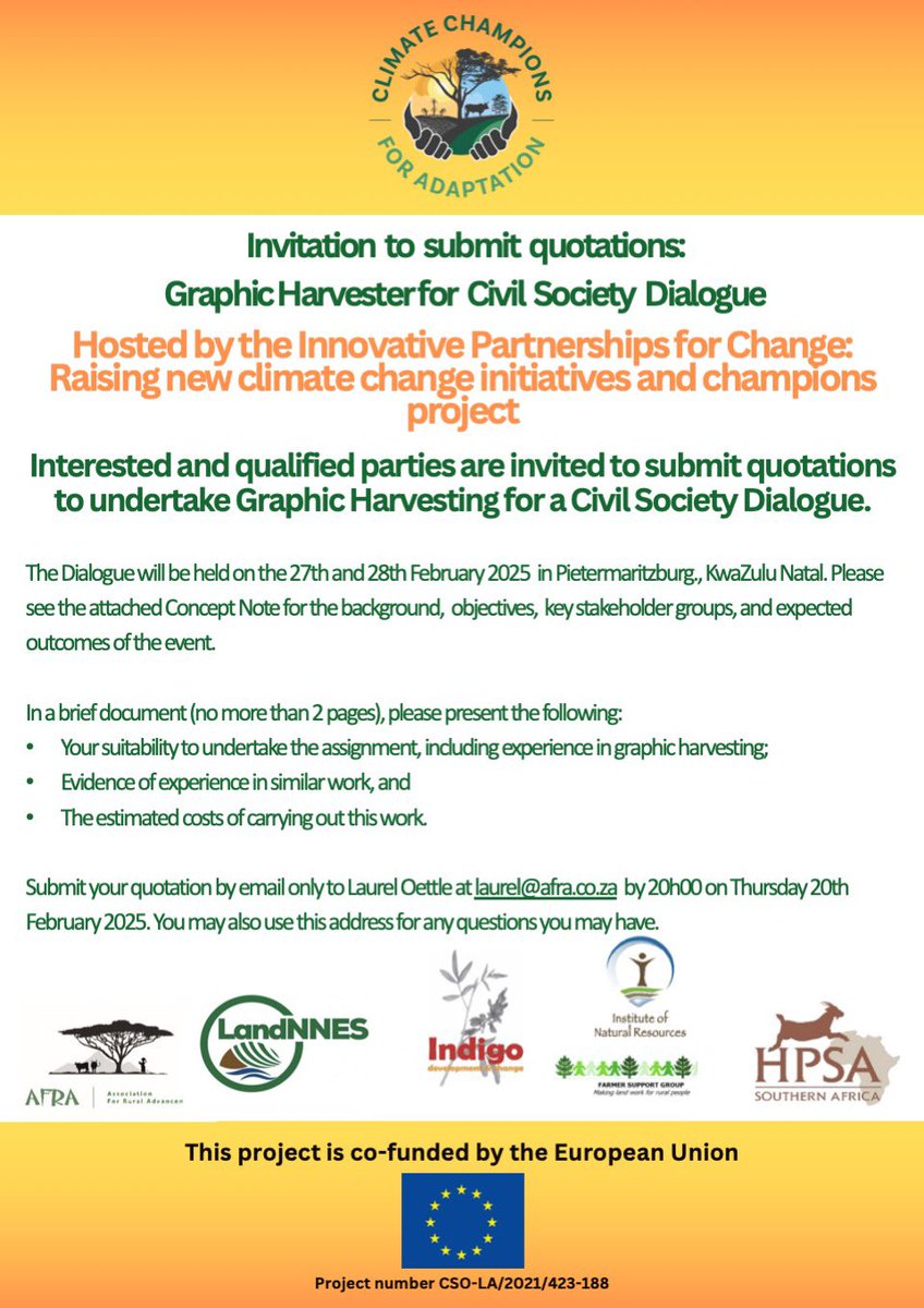 ClimateChampsSA's tweet photo. 📢 The Innovative Partnerships for Change project seeks a Graphic Harvester &amp; Report Writer for the Civil Society Dialogue on 27–28 Feb 2025 in Pietermaritzburg.

📌 Submit quotes by 20h00, 20 Feb 2025 to laurel@afra.co.za.
See attached for details! #ClimateChange #Opportunities https://t.co/uRcCymk12U