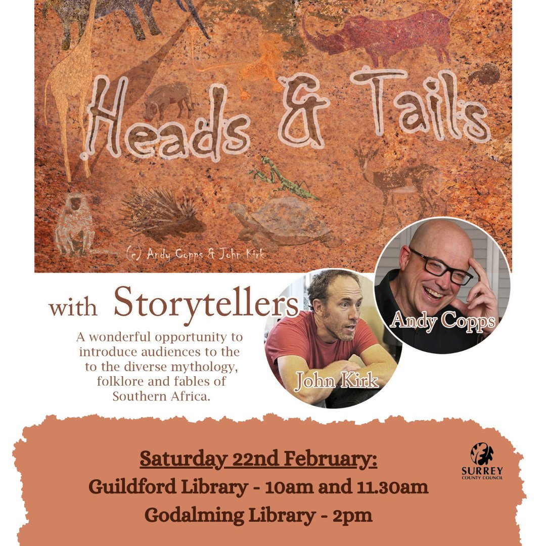 SurreyLibraries's tweet image. Less than a week to go before @AndyCopps and John Kirk will be extending the celebration of #NationalStorytellingWeek with Heads and Tails at @Guildfordlib and @GodalmingLib! 🐘🦁

More info and to book ➡️ eventbrite.com/cc/heads-tails…

 #Storytelling #AfricanStories #HeadsAndTales