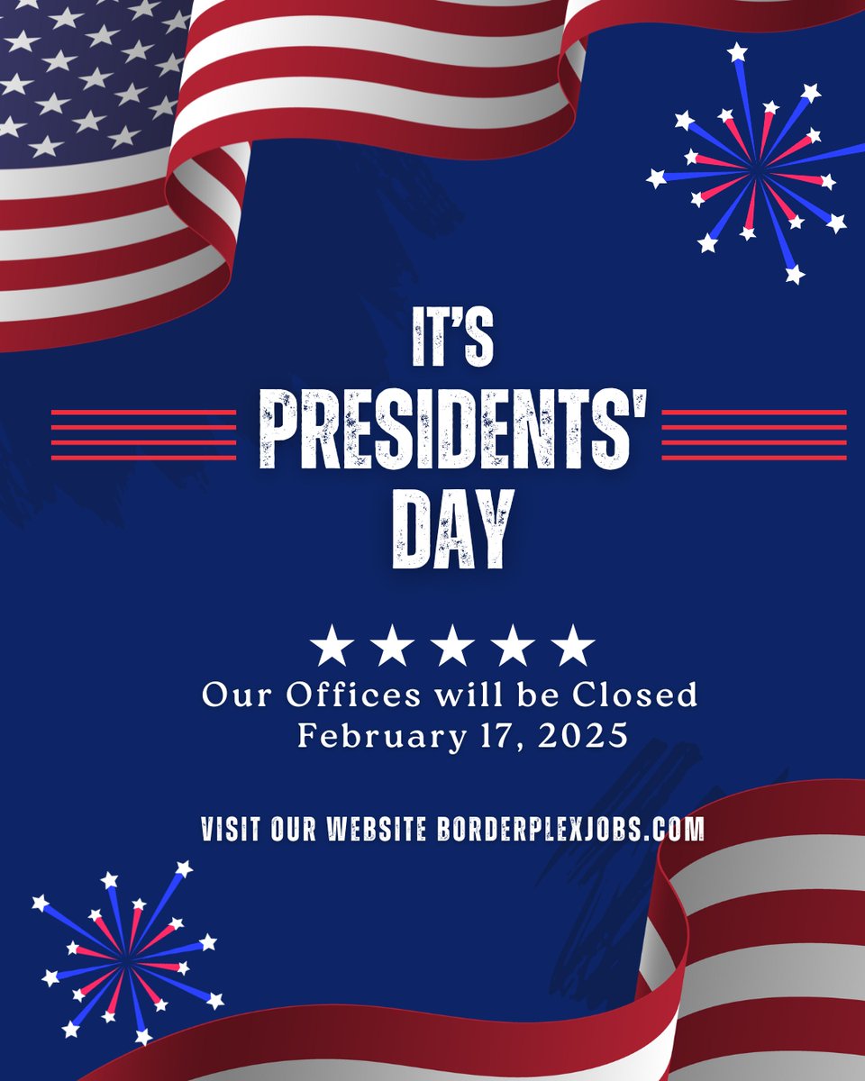 📢 Office Closure Notice 🇺🇸  

All Workforce Solutions offices will be closed on Monday, February 17th, in observance of Presidents Day. We will resume normal business hours on Tuesday, February 18th.  

Enjoy the holiday, and we look forward to assisting you when we’re back...
