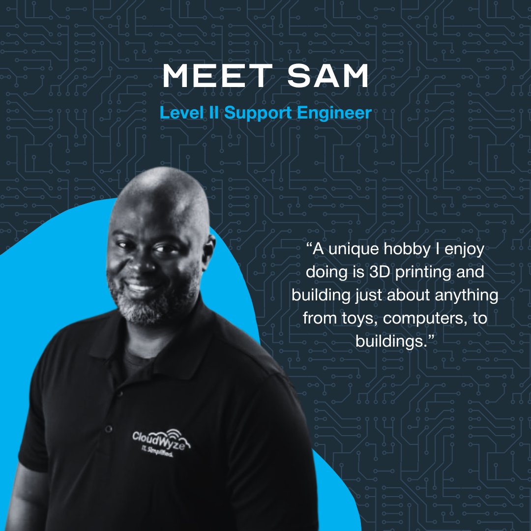 CloudWyze's tweet photo. 💡 Shoutout to Sam, our brilliant and hilarious Level II Support Engineer! Sam’s expertise makes him a favorite among clients.  Fun fact: Sam is a 3-D printing enthusiast! We love it when he brings his latest creations to the office to wow us all. 

#CloudWyze #WilmingtonNC #ILM https://t.co/0pLKg3QGyd
