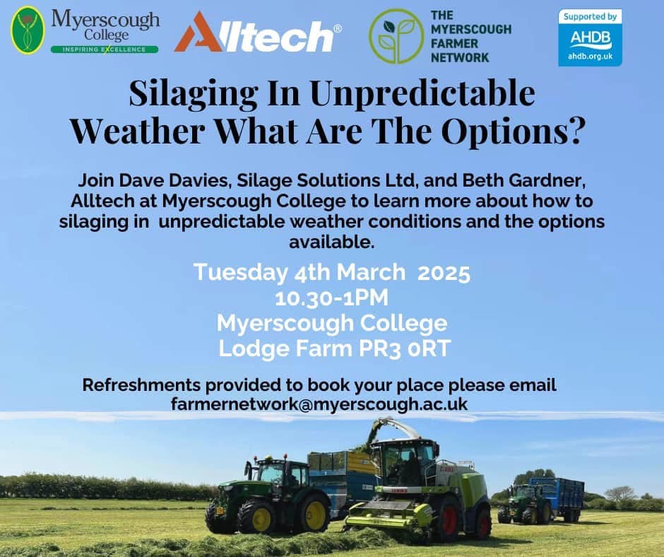 Unpredictable weather can make or break your silage quality 🌧️☀️

Learn how to maximise your forage potential with experts and hands-on training, brought to you by <a href="/TheAHDB/">AHDB</a>, <a href="/MyerscoughColl/">Myerscough College & University Centre</a> &amp; Alltech.

Secure your spot now: ahdb.org.uk/events/silage-…