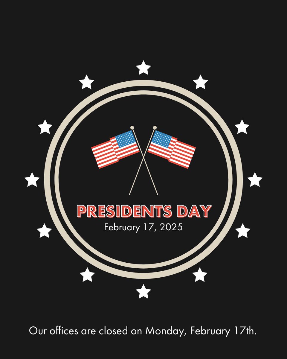 Happy Presidents Day! 🇺🇸 Our offices are closed today, February 17th, in observance of the holiday. Wishing everyone a relaxing extended weekend!