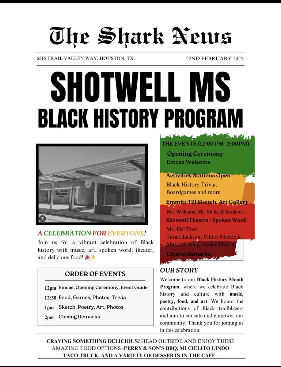 Shotwell Middle School - Aldine ISD (@shotwellms_aisd) on Twitter photo Join us this Saturday from 12-2 PM for an inspiring Black History Program! Celebrate culture, history, and achievements with us. Don’t miss it—come out and show your support! #BlackHistory <a href="/DrKimJohnson07/">Dr. Kimberly Johnson</a> <a href="/DrCrystalWatson/">Crystal Watson, Ed.D. Proud Grambling State Alumni</a> @SELCulture_AISD @IB_MrsNelms <a href="/ShotwellNews/">Shotwell Shark News</a> Join us this Saturday from 12-2 PM for an inspiring Black History Program! Celebrate culture, history, and achievements with us. Don’t miss it—come out and show your support! #BlackHistory <a href="/DrKimJohnson07/">Dr. Kimberly Johnson</a> <a href="/DrCrystalWatson/">Crystal Watson, Ed.D. Proud Grambling State Alumni</a> @SELCulture_AISD @IB_MrsNelms <a href="/ShotwellNews/">Shotwell Shark News</a>