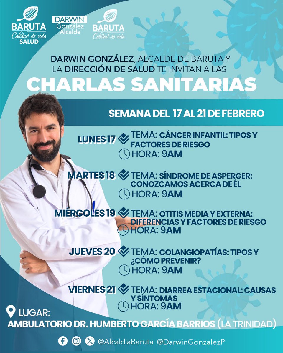 Desde la #AlcaldíaDeBaruta los invitamos a nuestras charlas informativas que se estarán llevando a cabo en el transcurso de la semana del 17 hasta el 21 de febrero en nuestros ambulatorios municipales.

¿De qué tema te gustaría que hablaramos en la próxima semana? ¡Coméntanos!⬇️