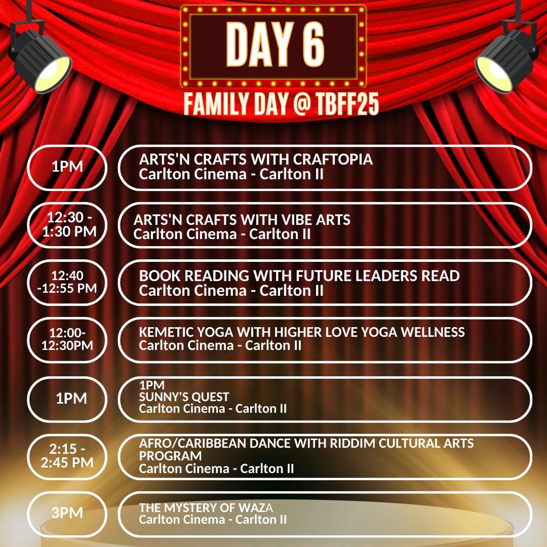 Here’s what’s happening today at #TBFF! Don’t miss out on incredible films, special screenings, and exclusive events. 

Stay tuned! Check back  for updates! 🎥🔥  
You can still grab your tickets at TorontoBlackFilm.com! 🎟️  
 #FilmFestival #TorontoBlackFilm #Torontoevents