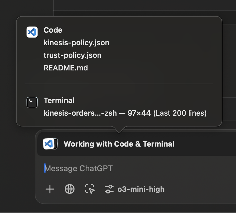 I've been using this feature a lot by having VSCode connected with a README file that has all the steps I need to do &amp; the terminal connected to run the commands. All I type is "do the next step" as it has all the context of what's already done. Incredible feature <a href="/embirico/">Alexander Embiricos</a>