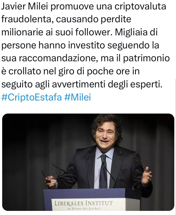 bundolo48's tweet image. 🇦🇷 #Argentina truffa: 
 #Milei suggerisce di investire in una #criptovaluta che crolla poco dopo.