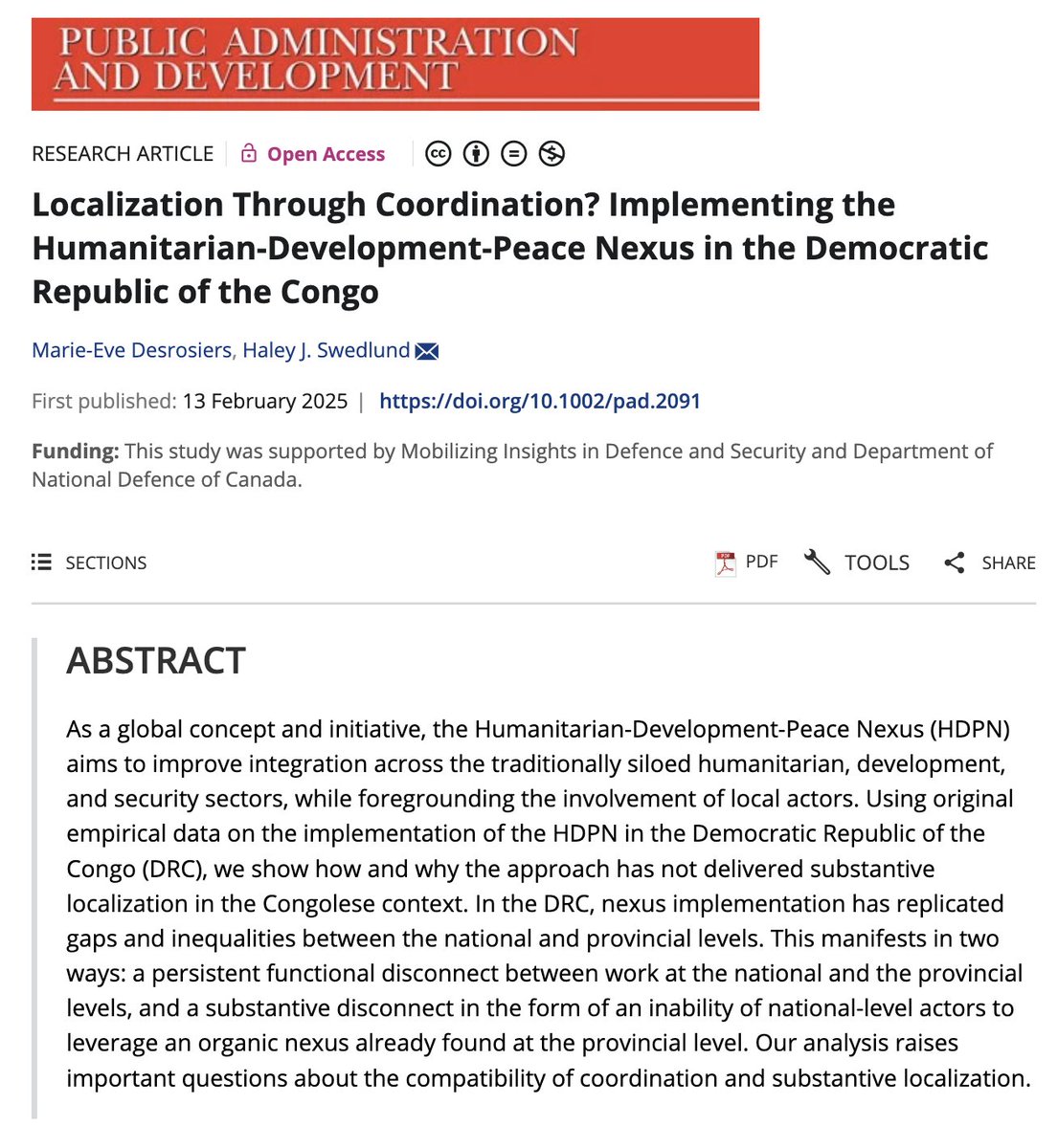 Public Admìnistration and Development (@journal_pad) on Twitter photo ♨️New Article! #openaccess
.
Marie-Eve Desrosiers (<a href="/uOttawa/">Université d'Ottawa | University of Ottawa</a> ) & Haley J. Swedlund (<a href="/Radboud_Uni/">Radboud University</a> ) examine the humanitarian development peace nexus in #Congo using original empirical data to find insubstantial localization.
.
🔗onlinelibrary.wiley.com/doi/full/10.10… ♨️New Article! #openaccess
.
Marie-Eve Desrosiers (<a href="/uOttawa/">Université d'Ottawa | University of Ottawa</a> ) & Haley J. Swedlund (<a href="/Radboud_Uni/">Radboud University</a> ) examine the humanitarian development peace nexus in #Congo using original empirical data to find insubstantial localization.
.
🔗onlinelibrary.wiley.com/doi/full/10.10…