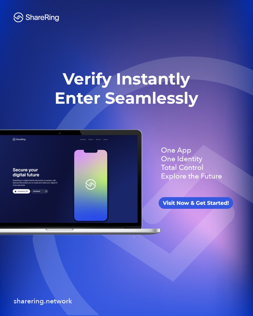 ShareRingGlobal's tweet image. 🔹 Verify Instantly. Enter Seamlessly. 🔹
Fast, secure, and hassle-free digital identity control with ShareRing.

🌍 Explore: ShareRing.Network
📲 Visit now for seamless verification! 🚀

#seamlessverification #digitalme #instantaccess #secureidentity