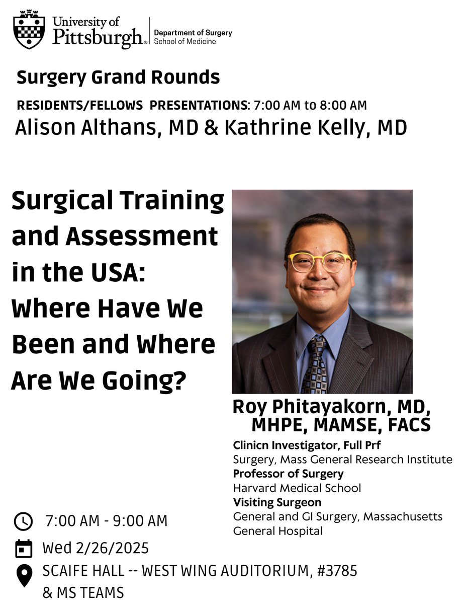 Pitt Surgery (@pittsurgery) on Twitter photo We are excited to welcome #RoyPhitayakorn for our next Surgical Grand Rounds Lecture! Don't miss this insightful discussion! #SurgicalEducation #MedicalTraining <a href="/harvardmed/">Harvard Medical School</a> <a href="/MGHSurgery/">Mass General Surgery</a> <a href="/PittResearch/">PittResearch</a> <a href="/PittDeptofMed/">PittDeptofMed</a> <a href="/PittCCM/">Pitt Critical Care Medicine</a> @PittCTSI <a href="/UPMC/">UPMC</a> <a href="/UPMCEnterprises/">UPMC Enterprises</a> <a href="/MassGeneralNews/">MassGeneral News</a> We are excited to welcome #RoyPhitayakorn for our next Surgical Grand Rounds Lecture! Don't miss this insightful discussion! #SurgicalEducation #MedicalTraining <a href="/harvardmed/">Harvard Medical School</a> <a href="/MGHSurgery/">Mass General Surgery</a> <a href="/PittResearch/">PittResearch</a> <a href="/PittDeptofMed/">PittDeptofMed</a> <a href="/PittCCM/">Pitt Critical Care Medicine</a> @PittCTSI <a href="/UPMC/">UPMC</a> <a href="/UPMCEnterprises/">UPMC Enterprises</a> <a href="/MassGeneralNews/">MassGeneral News</a>