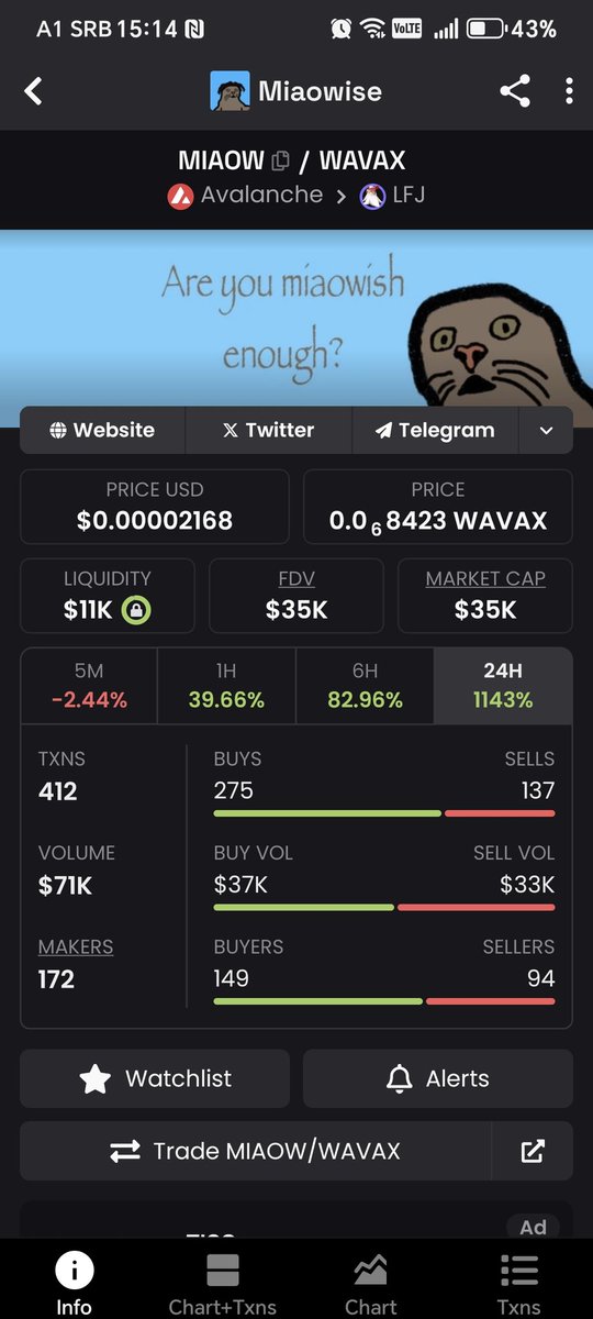 CopyLine434782's tweet photo. what do you call this graph? I call him $miaow 🍺 welcome to #avax where old currencies live, he's still a cat and has 9 lives 🍺 #avaxmeme #avaxcat #avax9000 #CryptoMarket #cryptocurrency #MEMECoin #meme #Bullish #1000x 0x66fA127C1858D8f7346F79d1958450aCf1469Ddb https://t.co/R0Yk8JBrSg