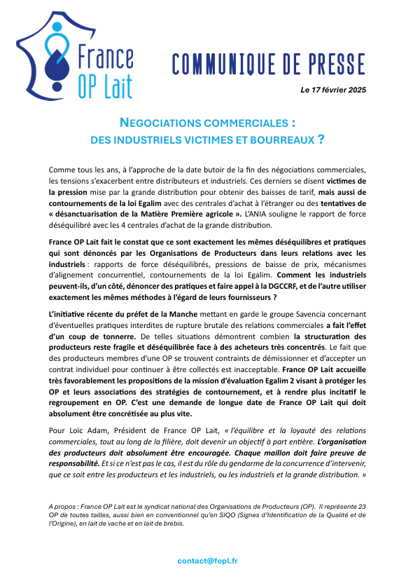 📢 COMMUNIQUE DE PRESSE 📢
"Négociations Commerciales : des Industriels victimes et bourreaux ?"
<a href="/EU_Commission/">European Commission</a> <a href="/Agri_Gouv/">Ministère Agriculture et Souveraineté alimentaire</a> <a href="/EP_Agriculture/">AGRI Committee Press</a> <a href="/cniel/">CNIEL</a> <a href="/AnnieGenevard/">Annie Genevard</a>  #ceuxquifontlelait