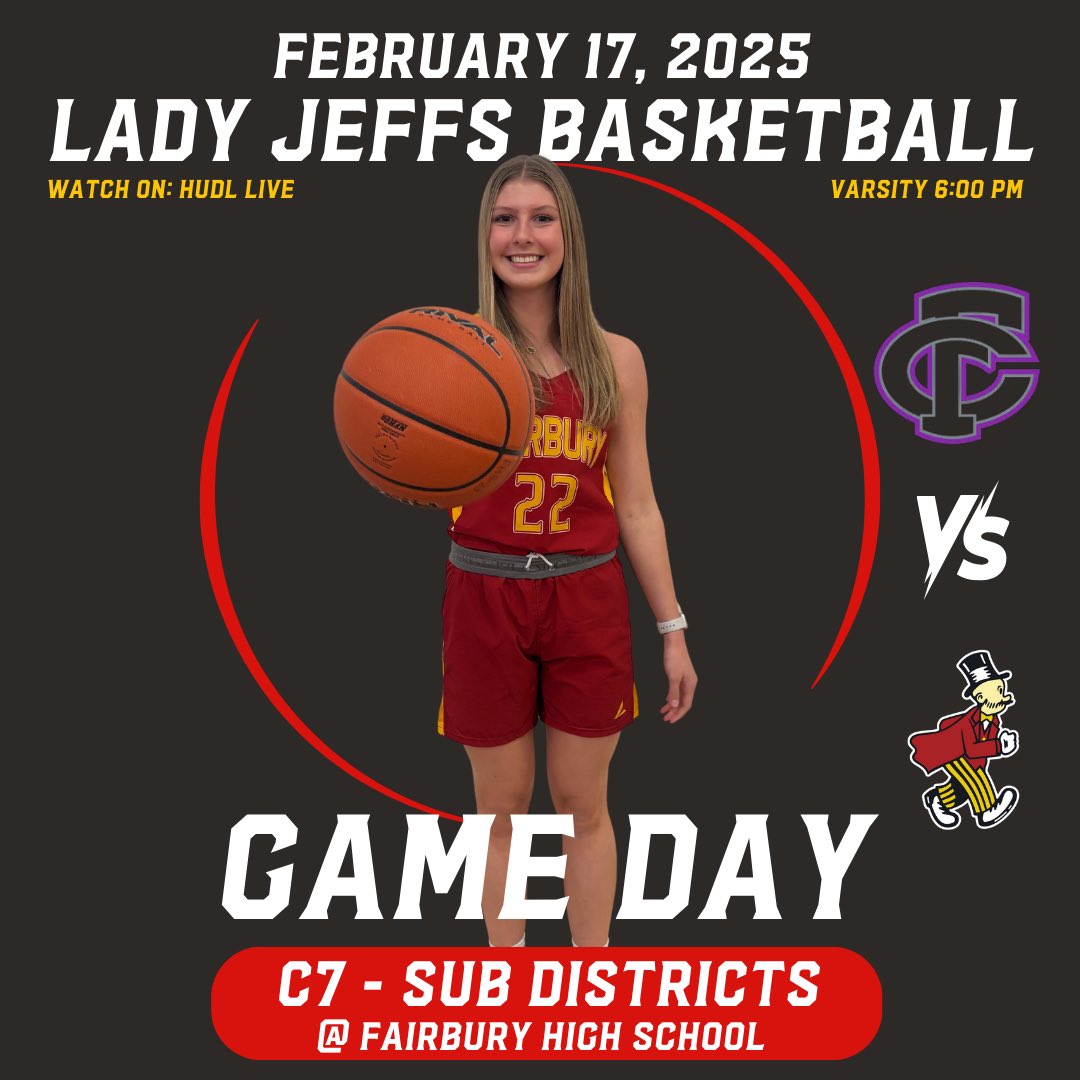 jeffsGBB's tweet photo. 💥 Sub-Districts Round 1 💥

Your Lady Jeffs are hosting Fillmore Central tonight for the first round of subs! 

🏀 V: 6:00 pm! 

#JeffPride https://t.co/IW2vPcoxYE