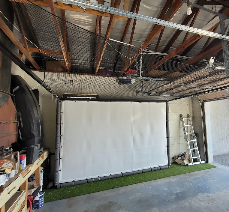 InquisitorJax's tweet image. Top netting is up. Side netting for those nasty shanks up next #golf #homesimulator