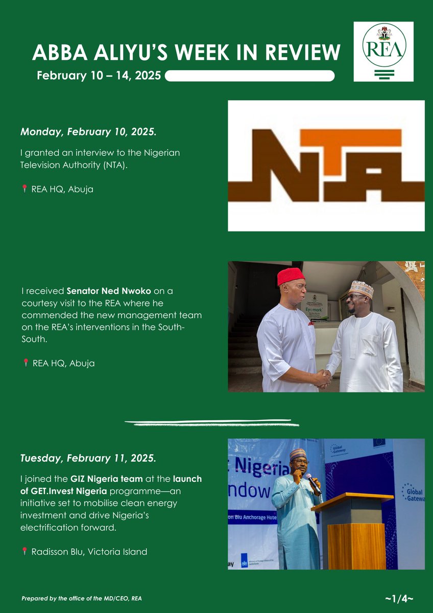 abbaaliyu_'s tweet photo. As a new week has commenced, here’s a summary of some key activities of mine at the Rural Electrification Agency (REA) in the last week.

I look forward to the activities in the new week and I implore you to follow me on this journey as we strive to end energy poverty in our dear country, Nigeria.

Here’s wishing you a fruitful week ahead.