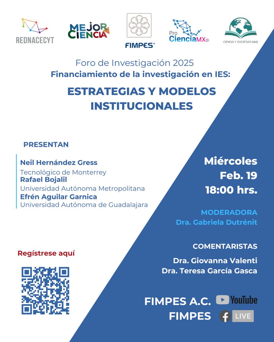🔔✍️¿Ya te registraste para compartir junto con otros investigadores/as las estrategias de tu institución en el foro: 

🎙️“Financiamiento de la investigación en IES: Estrategias y modelos institucionales”💰🧑‍🔬

📍1a sesión: 🗓️miércoles 19 de febrero
⏰18:00 hrs.